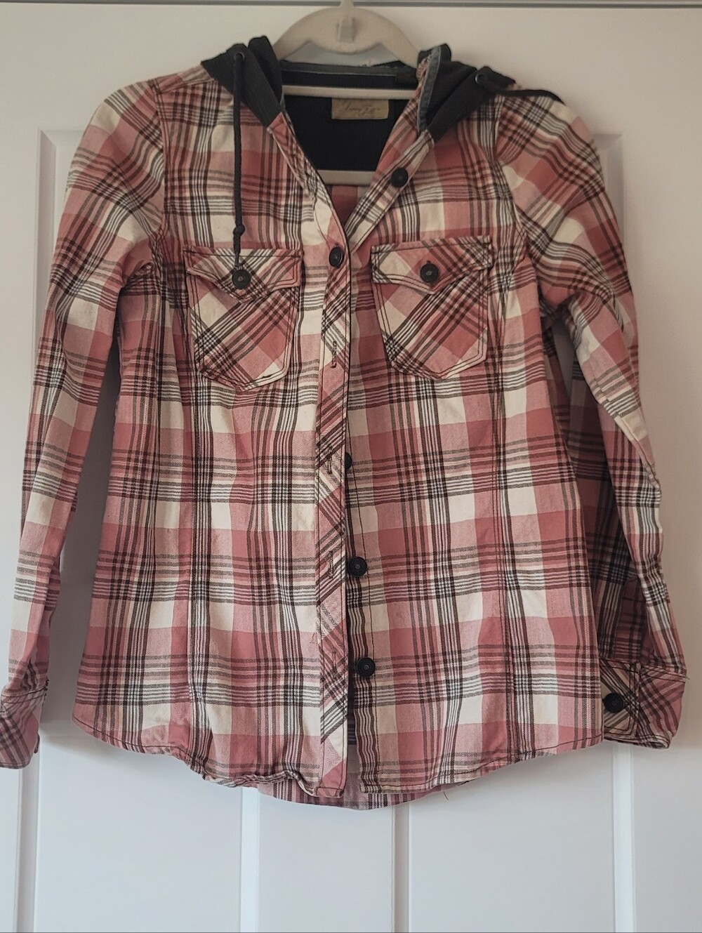 Plaid Hooded Utility Jacket in Dusty Rose and Cream